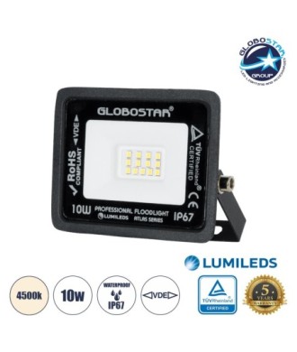 GLOBOSTAR® ATLAS 61516 Προβολέας LED 10W 1200lm 120° AC 220-240V Αδιάβροχο IP67 Φυσικό Λευκό 4500K - Lumileds SMD Chip - TÜV Rheinland Certified - Μαύρο Ματ - Μ10 x Π2 x Υ8cm - 5 Χρόνια Εγγύηση
